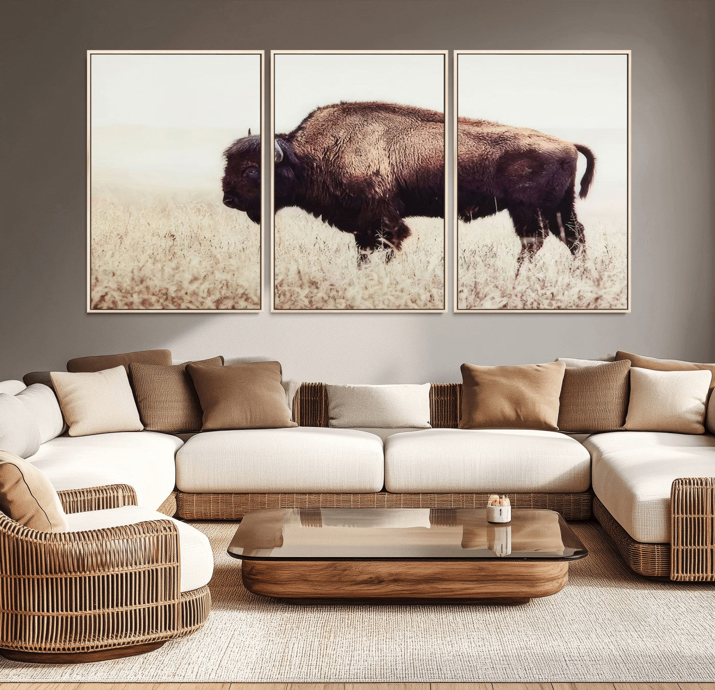 48406-MGV-CV-36X24-American Bison Wall Art – Rustic Buffalo Canvas Print in Prairie Field, Western Wildlife Photography Decor for Cabin, Lodge,