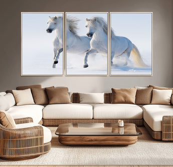 80145-MGV-CV-36X24-White Horses Running Snow Wall Art – Majestic Equine Canvas Print, Winter Nature Photography Decor for Living Room, Office,
