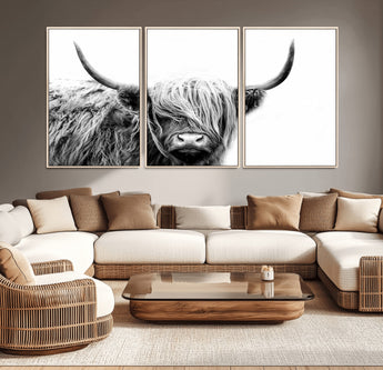 51957-MGV-CV-36X24-Highland Cow Wall Art – Black and White Scottish Highland Bull Canvas Print, Rustic Farmhouse Animal Decor for Living Room,