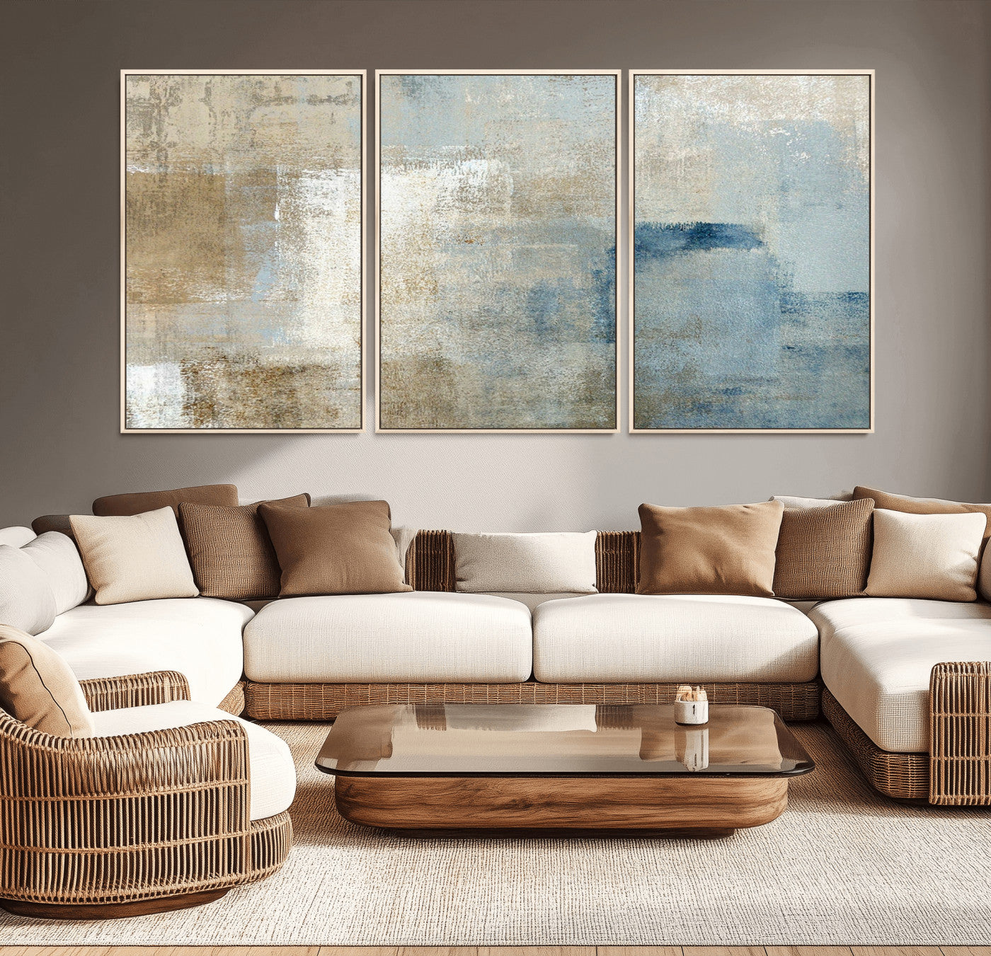 38126-MGV-CV-36X24-Neutral Abstract Wall Art – Modern Beige and Blue Canvas Print and Minimalist Textured Painting for Living Room, Bedroom or Office