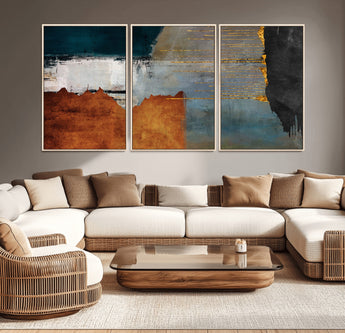 35026-MGV-CV-36X24-Abstract Canvas Wall Art – Modern Teal, Rust, Black and Gold Textured Painting, Contemporary Decor for Living Room, Bedroom or