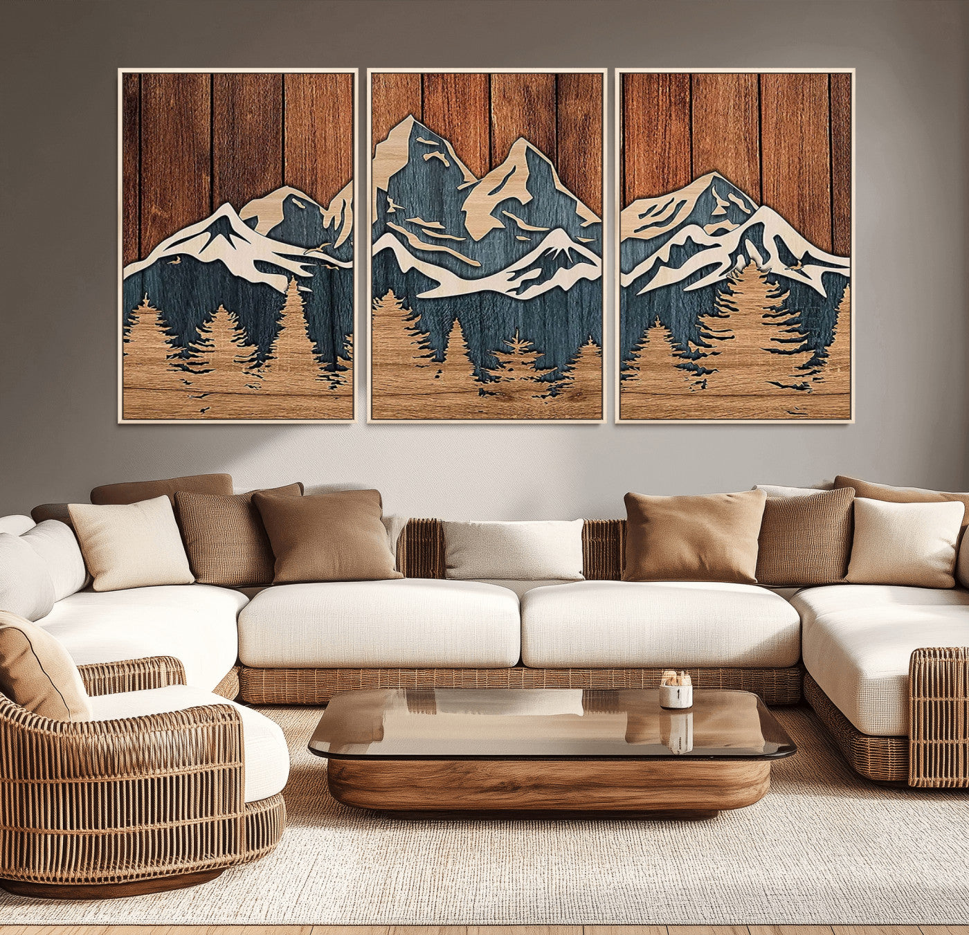41330-MGV-CV-36X24-Rustic Mountain Wall Art – Wooden Nature Scene with Trees and Peaks, Handmade 3D Layered Decor for Living Room, Cabin or Office