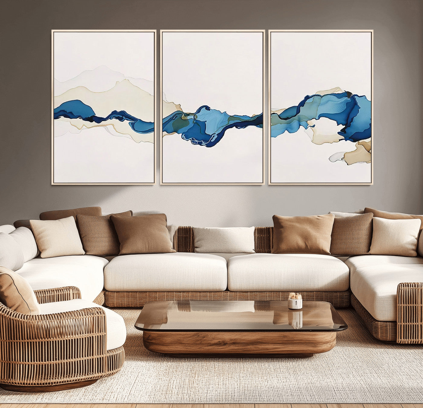 95528-MGV-CV-60X30-3P-Abstract Blue Wave Wall Art – Modern Ocean Inspired Canvas Print, Minimalist Fluid Painting for Living Room, Bedroom or Office