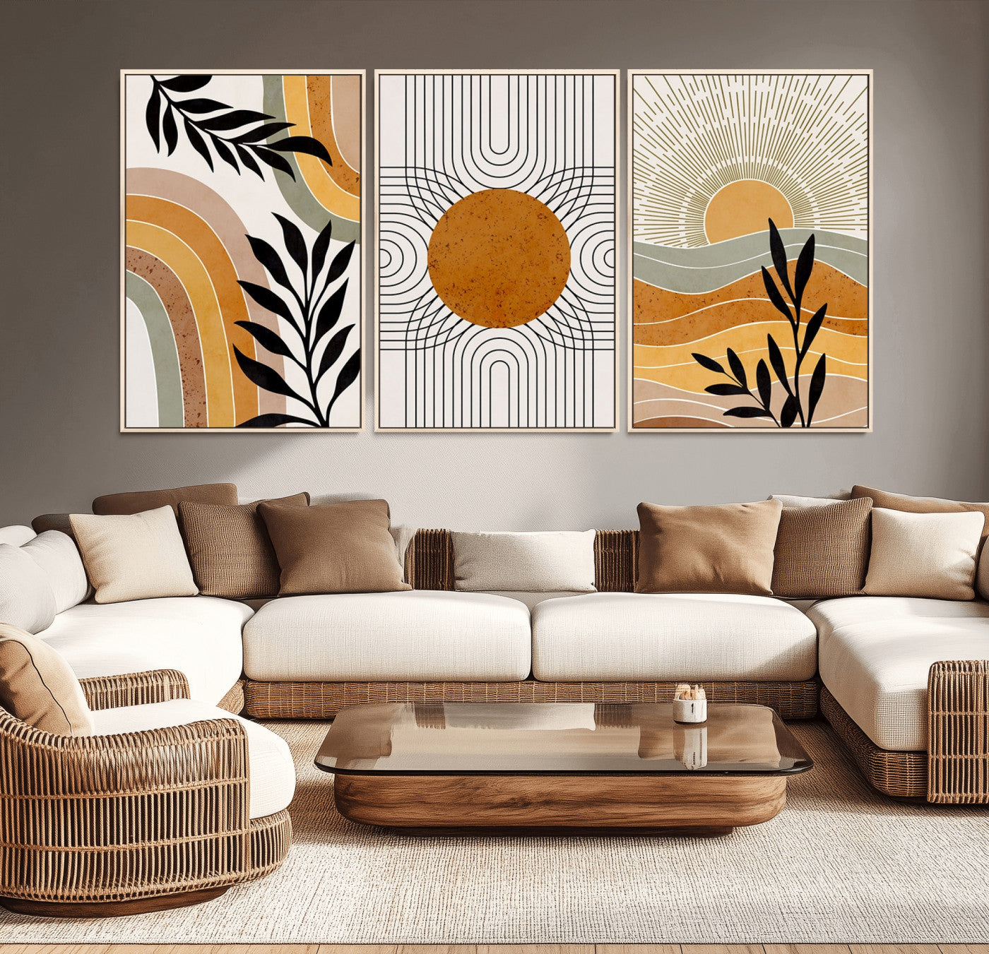44668-MGV-CV-60X30-3P-Mid Century Modern Wall Art – Abstract Sun and Rainbow Canvas Print, Minimalist Geometric Boho Decor for Living Room, Bedroom or
