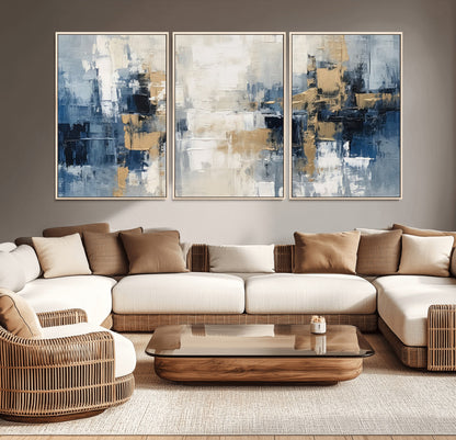44344-MGV-CV-36X24-Abstract Blue and Gold Wall Art – Modern Hand Painted Canvas Print, Contemporary Textured Painting for Living Room, Bedroom or