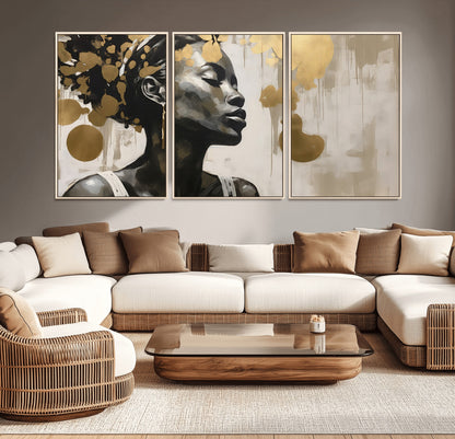 65669-MGV-CV-36X24-Elegant Black Woman Wall Art – Modern Abstract Portrait Canvas with Gold Accents, Contemporary Afrocentric Decor for Living Room