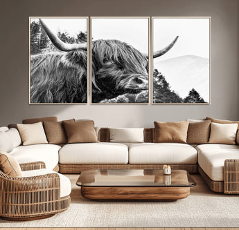 61570-MGV-CV-36X24-Highland Cow Wall Art – Black and White Scottish Bull Canvas Print, Rustic Farmhouse Animal Decor for Living Room, Bedroom, or