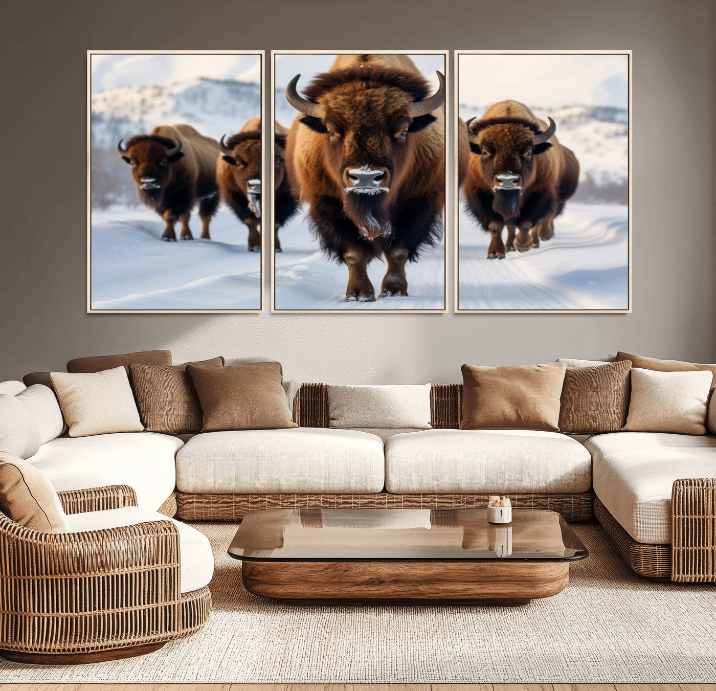 56701-MGV-CV-36X24-Bison Herd Wall Art – Buffalo Walking in Snowy Mountains Canvas Print, Rustic Wildlife Decor for Cabin, Lodge, or Living Room