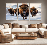 56701-MGV-CV-36X24-Bison Herd Wall Art – Buffalo Walking in Snowy Mountains Canvas Print, Rustic Wildlife Decor for Cabin, Lodge, or Living Room