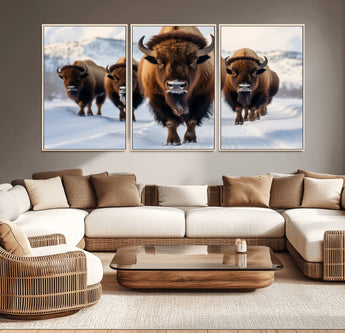 56701-MGV-CV-36X24-Bison Herd Wall Art – Buffalo Walking in Snowy Mountains Canvas Print, Rustic Wildlife Decor for Cabin, Lodge, or Living Room