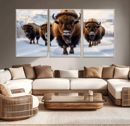 56701-MGV-CV-36X24-Bison Herd Wall Art – Buffalo Walking in Snowy Mountains Canvas Print, Rustic Wildlife Decor for Cabin, Lodge, or Living Room