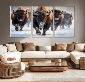 80512-MGV-CV-36X24-Bison Herd Wall Art – Buffalo Running in Snow Canvas Print, Rustic Wildlife Photography Decor for Cabin, Lodge, or Living Room
