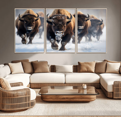 80512-MGV-CV-36X24-Bison Herd Wall Art – Buffalo Running in Snow Canvas Print, Rustic Wildlife Photography Decor for Cabin, Lodge, or Living Room