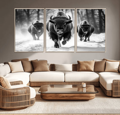 97552-MGV-CV-36X24-Black and White Bison Wall Art – Buffalo Herd Running in Snow Canvas Print, Rustic Wildlife Photography Decor for Cabin, Lodge, or