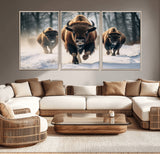 56549-MGV-CV-36X24-Wild Bison Wall Art – Majestic Buffalo Herd Running in Snow Canvas Print, Rustic Wildlife Photography Decor for Cabin, Lodge, or