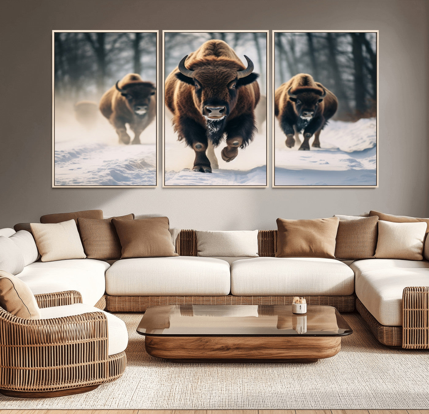56549-MGV-CV-36X24-Wild Bison Wall Art – Majestic Buffalo Herd Running in Snow Canvas Print, Rustic Wildlife Photography Decor for Cabin, Lodge, or