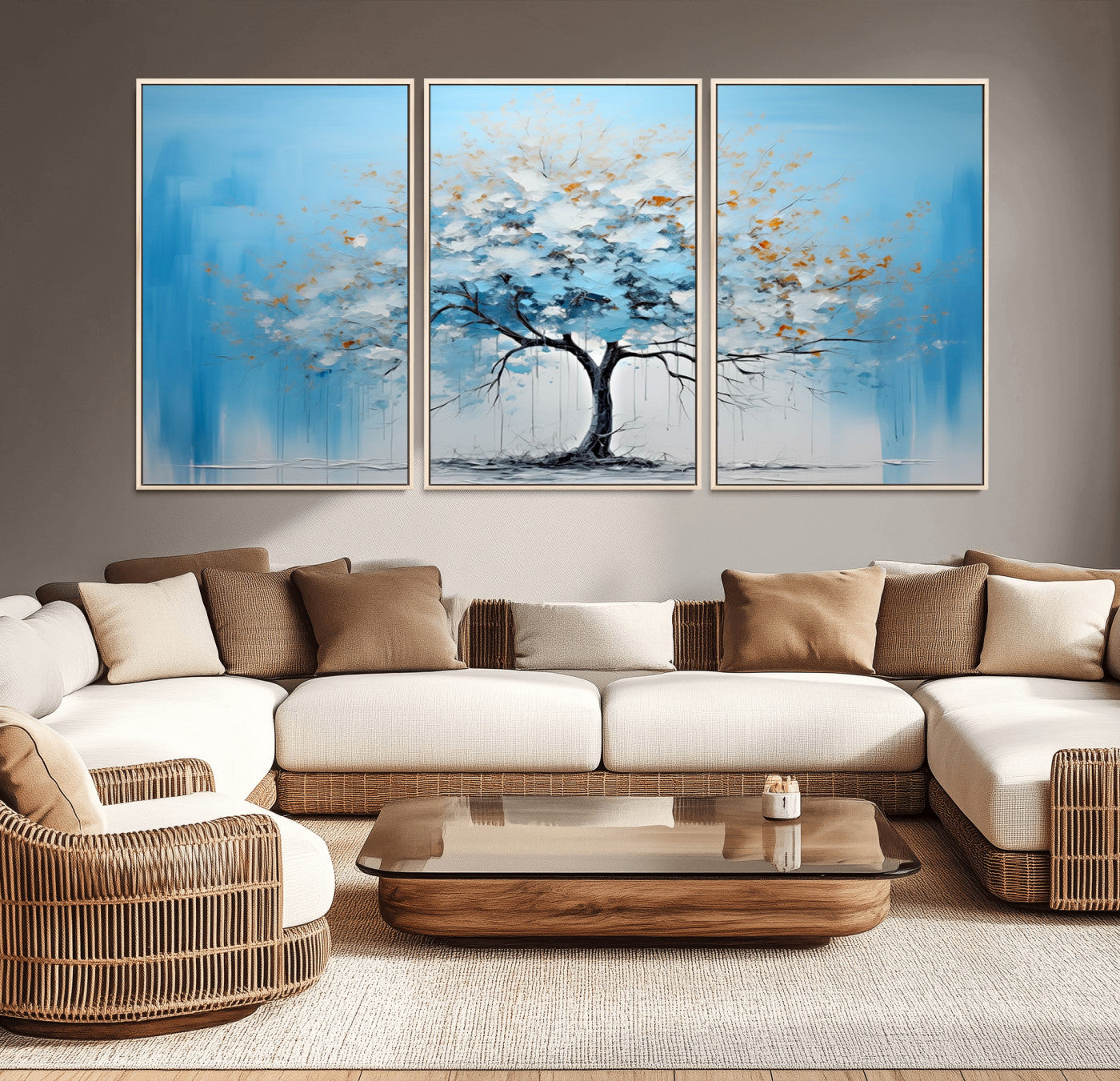 25021-MGV-CV-36X24-Abstract Tree Wall Art – Blue and White Canvas Painting with Gold Accents, Modern Nature-Inspired Artwork for Living Room, Bedroom