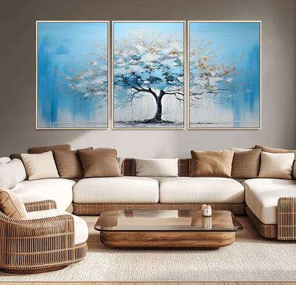 25021-MGV-CV-36X24-Abstract Tree Wall Art – Blue and White Canvas Painting with Gold Accents, Modern Nature-Inspired Artwork for Living Room, Bedroom
