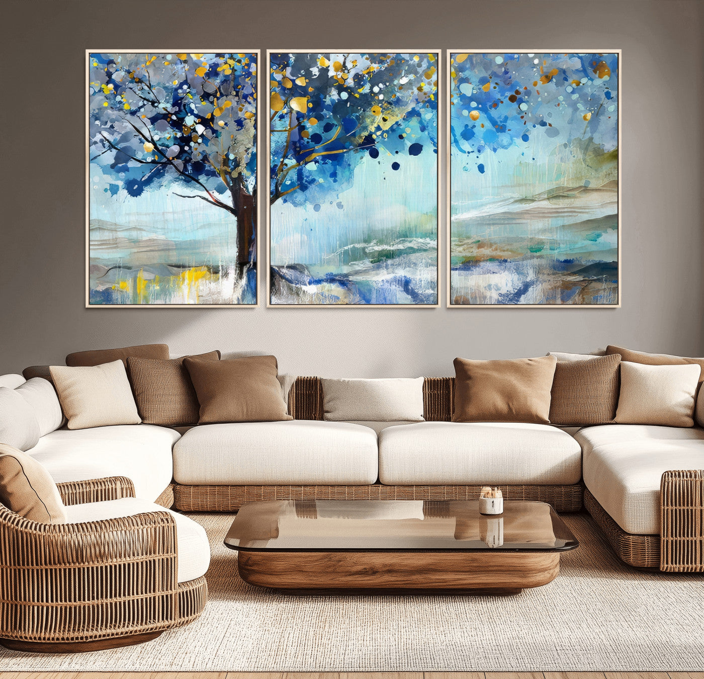 17018-MGV-CV-36X24-Abstract Blue Tree Wall Art – Colorful Canvas Painting with Gold and Silver Accents, Modern Nature Artwork for Living Room,