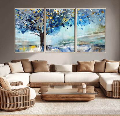 17018-MGV-CV-36X24-Abstract Blue Tree Wall Art – Colorful Canvas Painting with Gold and Silver Accents, Modern Nature Artwork for Living Room,