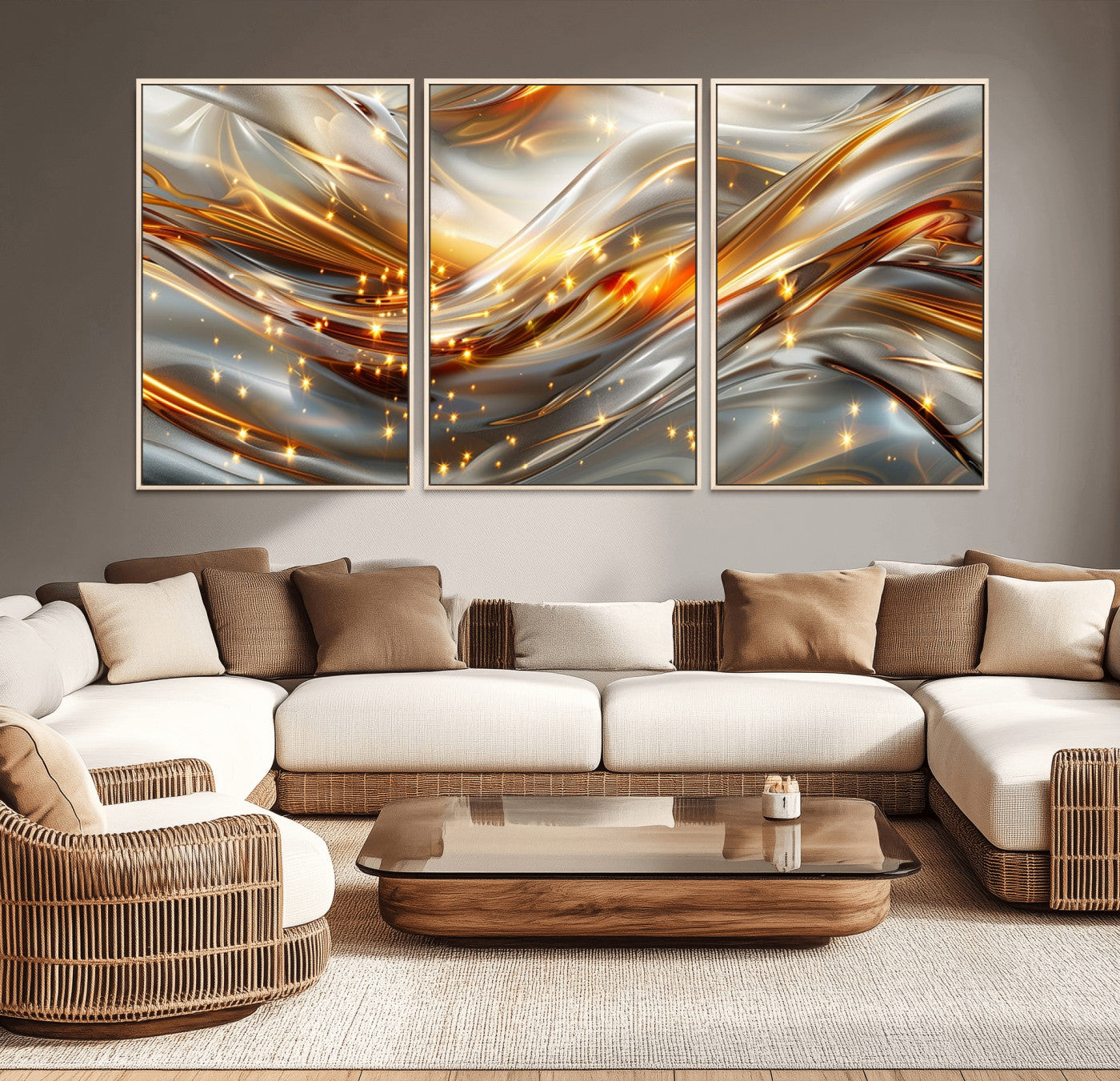 Lines1-MGV-CV-36X24-Abstract Metallic Wall Art – Silver and Gold Wave Canvas Print with Sparkling Accents, Modern Luxury Decor for Living Room, Office