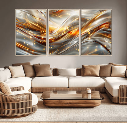 Lines1-MGV-CV-36X24-Abstract Metallic Wall Art – Silver and Gold Wave Canvas Print with Sparkling Accents, Modern Luxury Decor for Living Room, Office