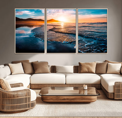 26494-MGV-CV-36X24-Ocean Sunset Wall Art – Scenic Beach Canvas Print with Waves and Mountains, Coastal Seascape Photography for Living Room, Bedroom