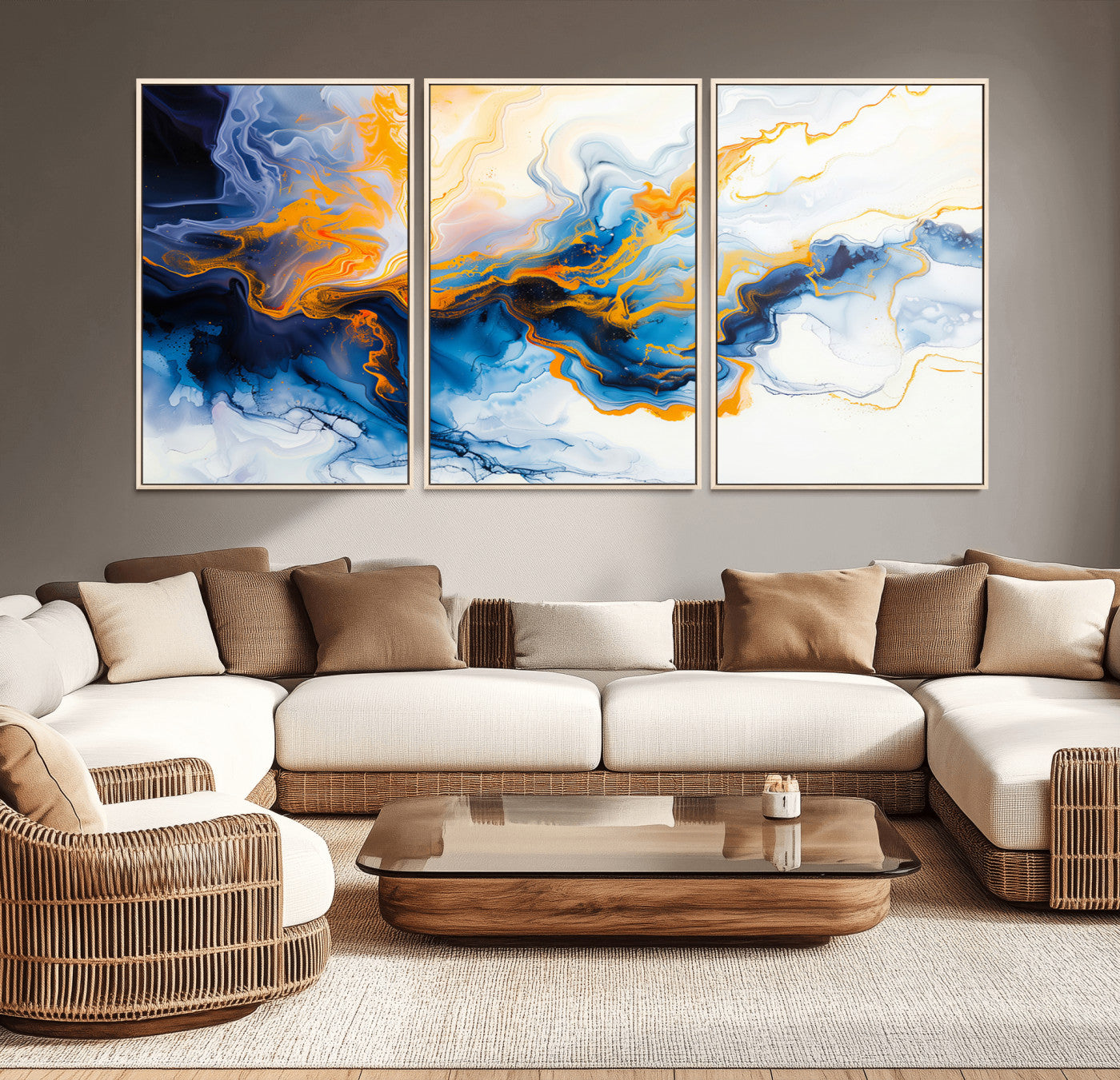 83720-MGV-CV-36X24-Abstract Fluid Wall Art – Blue, White and Gold Swirl Canvas Painting, Modern Contemporary Artwork for Living Room, Bedroom or