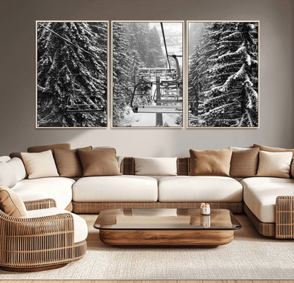 19240-MGV-CV-36X24-Ski Lift Wall Art – Black and White Winter Mountain Canvas Print, Snowy Forest Ski Resort Photography for Cabin, Lodge, Office or