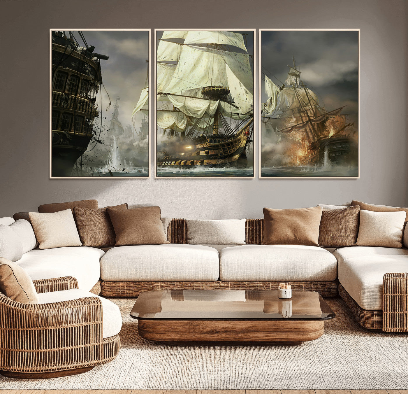 26512-MGV-CV-36X24-Naval Battle Wall Art – Dramatic Tall Ship Canvas Print, Historic Pirate Sailing War Scene, Nautical Decor for Office, Study or