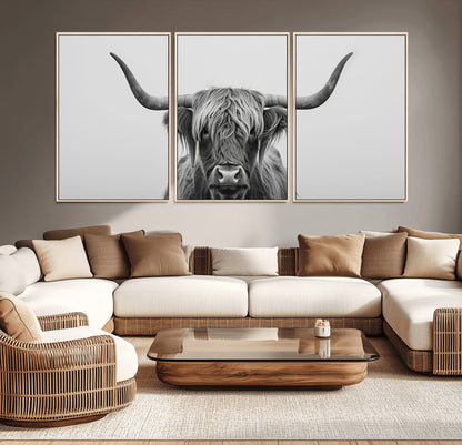 35820-MGV-CV-36X24-Minimalist Highland Cow Wall Art – Black and White Longhorn Cattle Canvas Print, Modern Farmhouse Animal Photography Decor for