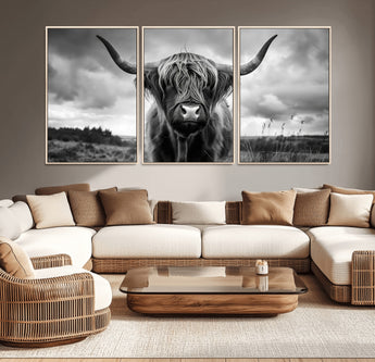 17924-MGV-CV-36X24-Highland Cow Wall Art – Black and White Rustic Longhorn Cattle Canvas Print, Farmhouse Animal Photography Decor for Country Home