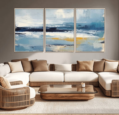 19746-MGV-CV-36X24-Abstract Ocean Wall Art – Modern Coastal Canvas Print with Blue, White and Gold Textures, Contemporary Seascape Painting for