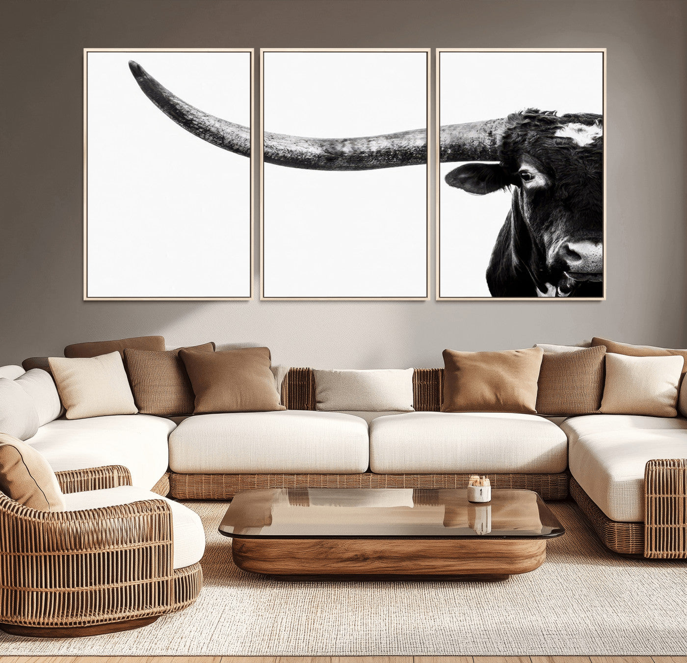 31699-MGV-CV-36X24-Longhorn Wall Art – Black and White Texas Longhorn Cow Canvas Print, Rustic Western Farmhouse Artwork for Living Room, Bedroom or