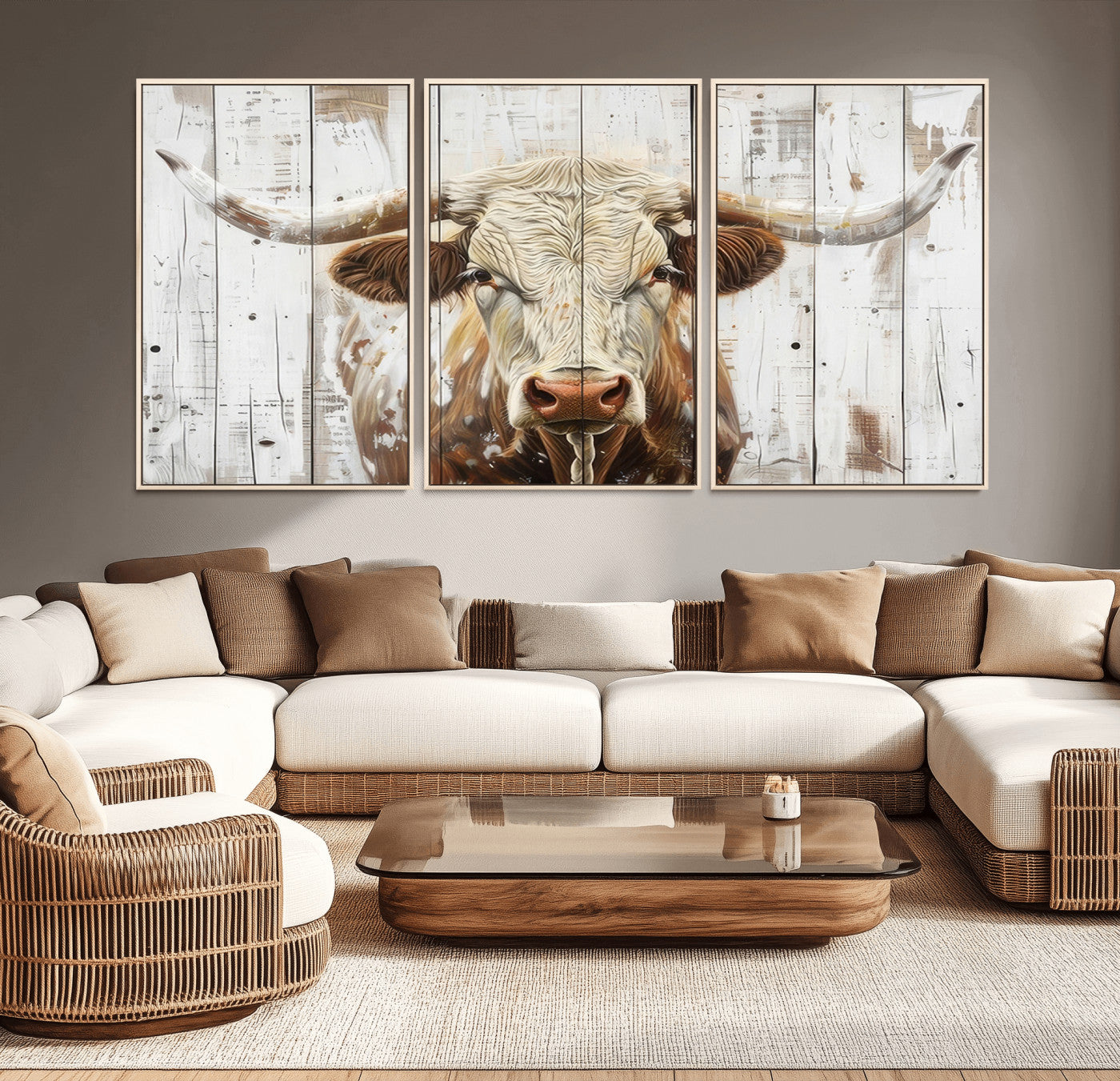 71551-MGV-CV-36X24-Longhorn Bull Wall Art – Rustic Western Cow Canvas Print, Farmhouse Animal Painting with Wood Plank Style for Living Room, Office