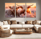 68253-MGV-CV-36X24-Highland Cow Wall Art – Rustic Farmhouse Cattle Canvas Print, Frosty Sunset Animal Artwork for Living Room, Bedroom or Country