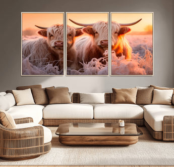 68253-MGV-CV-36X24-Highland Cow Wall Art – Rustic Farmhouse Cattle Canvas Print, Frosty Sunset Animal Artwork for Living Room, Bedroom or Country
