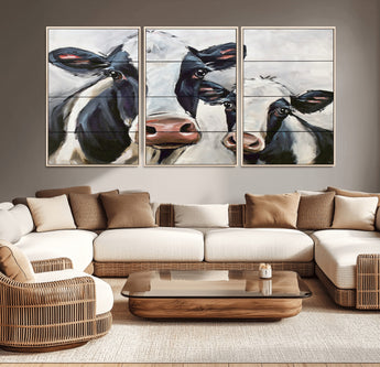 28934-MGV-CV-36X24-Farmhouse Cow Wall Art – Rustic Black and White Dairy Cattle Canvas Print, Country Barn Animal Painting for Kitchen, Living Room