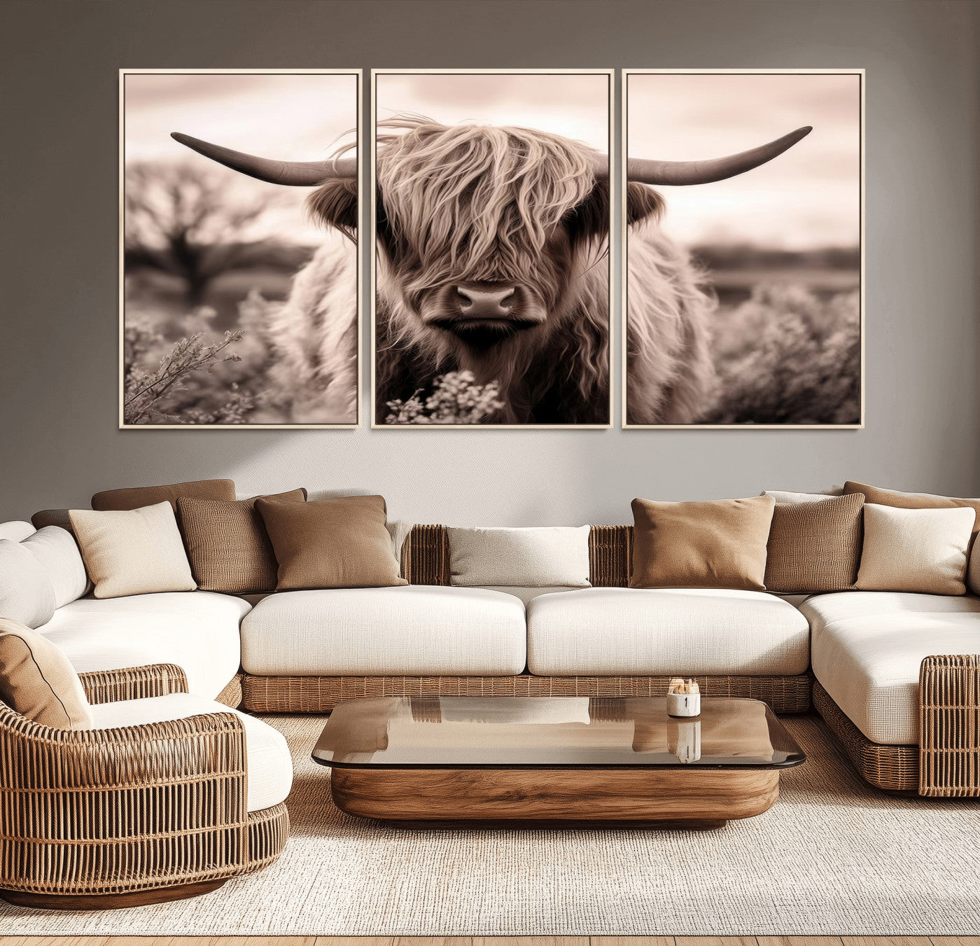 55903-MGV-CV-36X24-Highland Cow Wall Art – Rustic Sepia Scottish Highland Bull Canvas Print, Farmhouse Country Animal Decor for Living Room, Bedroom