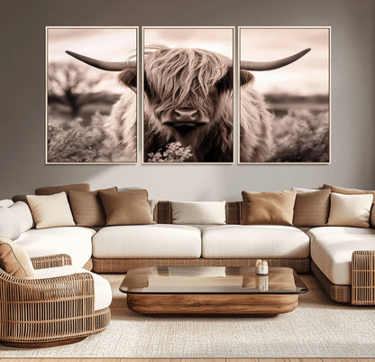 55903-MGV-CV-36X24-Highland Cow Wall Art – Rustic Sepia Scottish Highland Bull Canvas Print, Farmhouse Country Animal Decor for Living Room, Bedroom