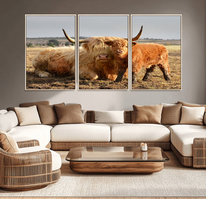 53461-MGV-CV-36X24-Highland Cow Family Wall Art – Rustic Farmhouse Animal Canvas Print, Country Decor for Living Room, Bedroom or Office, Calf and