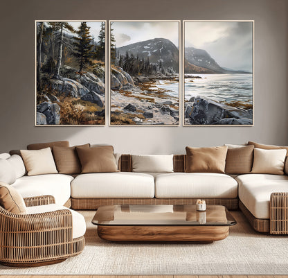 41281-MGV-CV-36X24-Rocky Shoreline Wall Art – Panoramic Mountain Coast and Forest Canvas Print, Rustic Nature Landscape Decor for Cabin, Lodge, or