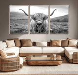52903-MGV-CV-36X24-Highland Cow Wall Art – Black and White Canvas Print Rustic Cattle Portrait, Farmhouse Country Decor for Living Room, Office,