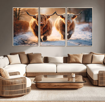 94810-MGV-CV-36X24-Highland Cow Wall Art – Rustic Canvas Print Two Cattle Snow Path Sunset, Farmhouse Country Decor for Living Room, Bedroom, Office,