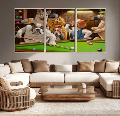 34228-MGV-CV-36X24-Dogs Playing Pool Wall Art Canvas Print, Framed Funny Dog Art Picture Print, Dog Perfect Game Room Decor Artwork