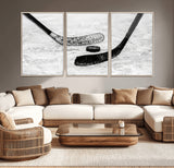 82900-MGV-CV-36X24-Hockey Wall Art – Black and White Canvas Print Ice Rink Sticks Puck Sports Photography, Modern Decor for Game Room, Man Cave,