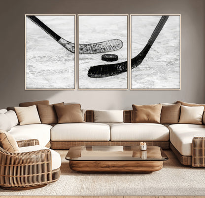82900-MGV-CV-36X24-Hockey Wall Art – Black and White Canvas Print Ice Rink Sticks Puck Sports Photography, Modern Decor for Game Room, Man Cave,
