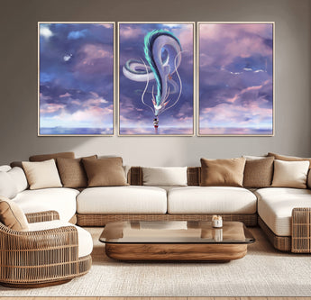 66864-MGV-CV-36X24-Fantasy Dragon Wall Art – Mystical Canvas Print Girl and Sky Serpent Dreamlike Clouds, Magical Anime Inspired Decor for Living
