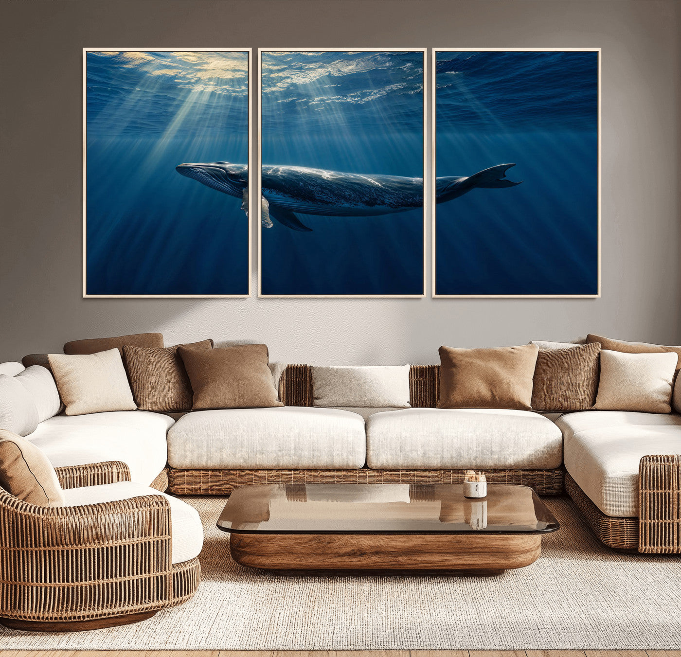 18052-MGV-CV-36X24-Whale Wall Art – Majestic Ocean Canvas Print Marine Life Underwater Sunlight Scene, Nautical Coastal Decor for Living Room,