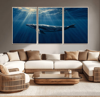 18052-MGV-CV-36X24-Whale Wall Art – Majestic Ocean Canvas Print Marine Life Underwater Sunlight Scene, Nautical Coastal Decor for Living Room,